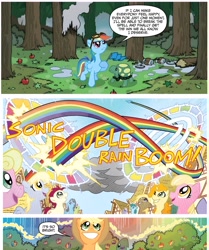 Size: 5300x6332 | Tagged: safe, artist:tonyfleecs, edit, idw, imported from derpibooru, applejack, carrot top, daisy, derpy hooves, flower wishes, golden harvest, lily, lily valley, rainbow dash, tank, earth pony, pegasus, pony, tortoise, unicorn, my little pony micro-series, spoiler:comic, apple, apple tree, food, horn, micro-series #2, official comic, ponyville, sonic double rainboom, sonic rainboom, tree, zap apple