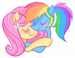 Size: 1720x1324 | Tagged: safe, artist:mewnikitty, imported from derpibooru, fluttershy, rainbow dash, pegasus, pony, blushing, bust, butterfly hairpin, duo, duo female, eyes closed, female, flutterdash, hug, lesbian, mare, ponytail, shipping, simple background, smiling, white background