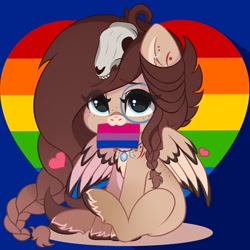 Size: 1397x1397 | Tagged: artist needed, safe, imported from derpibooru, oc, oc only, oc:ondrea, pegasus, pony, bisexual, bisexual pride flag, blue background, chibi, cute, female, flag, gay pride flag, heart, mare, pride, pride flag, pride month, simple background, skull, tribal markings