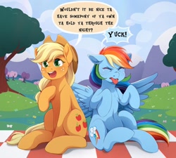 Size: 1440x1297 | Tagged: safe, artist:applesartt, imported from derpibooru, applejack, rainbow dash, earth pony, pegasus, pony, appledash, applejack's hat, cloud, cowboy hat, dialogue, disgusted, duo, duo female, female, flower, grass, hairband, hat, heart, heart eyes, hoof on chest, lesbian, mare, mountain, picnic blanket, shipping, sitting, sky, speech bubble, spread wings, tongue out, tree, watermark, wingding eyes, wings