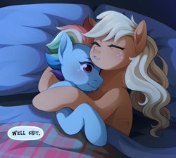 Size: 1440x1297 | Tagged: safe, artist:applesartt, imported from derpibooru, applejack, rainbow dash, earth pony, pegasus, pony, appledash, bed, blanket, blushing, cuddling, dialogue, duo, duo female, female, heart, heart eyes, lesbian, lying down, mare, older, older applejack, older rainbow dash, pillow, shipping, sleeping, speech bubble, vulgar, watermark, wingding eyes