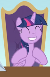 Size: 580x900 | Tagged: safe, imported from derpibooru, screencap, twilight sparkle, alicorn, pony, a horse shoe-in, season 9, spoiler:s09, chair, cute, eyes closed, female, happy, mare, napkin, office chair, smiling, solo, twiabetes, twilight sparkle (alicorn)