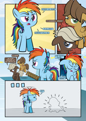Size: 1920x2715 | Tagged: safe, artist:alexdti, imported from derpibooru, dumbbell, hoops, rainbow dash, pegasus, pony, comic:how we met (italian), female, filly, filly rainbow dash, foal, implied fluttershy, italian, onomatopoeia, outline, raspberry, raspberry noise, tongue out, younger