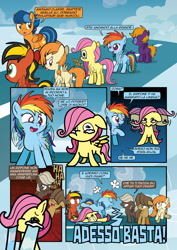 Size: 1920x2715 | Tagged: safe, artist:alexdti, imported from derpibooru, dumbbell, fluttershy, hoops, rainbow dash, oc, oc:kayla goldenwing, oc:lightning rider, oc:purple creativity, pegasus, pony, comic:how we met (italian), crying, female, filly, filly fluttershy, filly rainbow dash, foal, italian, younger