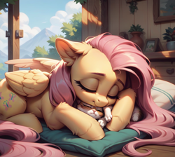 Size: 892x800 | Tagged: safe, imported from derpibooru, fluttershy, cat, pegasus, pony, ai content, ai generated, anonymous prompter, cute, eyes closed, generator:pony diffusion v6 xl, generator:stable diffusion, indoors, pillow, shyabetes, sleeping, window