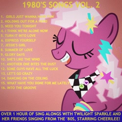 Size: 1080x1080 | Tagged: safe, artist:uxyd, edit, editor:jaredking779, imported from derpibooru, cheerilee, earth pony, pony, 80s, 80s cheerilee, album cover, bracelet, braces, eyes closed, female, glowpaz, glowstick, jewelry, mare, open mouth, solo