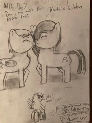 Size: 3024x4032 | Tagged: safe, artist:goldenmidnight, imported from derpibooru, marble pie, oc, oc:golden midnight, earth pony, pegasus, canon x oc, heart, kissing, newbie artist training grounds