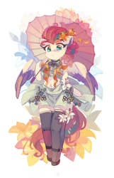 Size: 1290x2000 | Tagged: safe, artist:saxopi, imported from derpibooru, zipp storm, anthro, pegasus, unguligrade anthro, arm hooves, belly button, clothes, eyebrows, eyebrows visible through hair, female, flower, flower in hair, frog (hoof), g5, mare, midriff, parasol (umbrella), simple background, skirt, socks, stockings, thigh highs, underhoof, white background