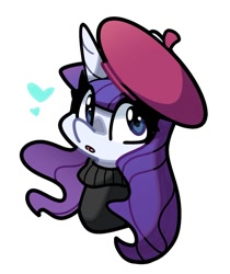 Size: 937x1117 | Tagged: safe, artist:kindakismet, imported from derpibooru, rarity, pony, unicorn, beatnik rarity, beret, bust, clothes, hat, heart, horn, portrait, simple background, solo, sweater, white background