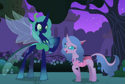 Size: 4302x2900 | Tagged: safe, artist:cookie-ruby, imported from derpibooru, queen chrysalis, oc, changedling, changeling, changeling queen, base used, canterlot gardens, changeling oc, duo, female, not izzy moonbow, ponysona, purified chrysalis
