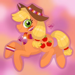 Size: 2048x2048 | Tagged: safe, artist:alidraws, imported from derpibooru, applejack, earth pony, pony, 2022, clothes, face paint, female, gradient background, lesbian, lesbian pride flag, outline, pride, pride flag, scarf, signature, smiling