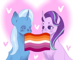Size: 2048x1708 | Tagged: safe, artist:sleepybooo, imported from derpibooru, starlight glimmer, trixie, beanbrows, blushing, cute, duo, eyebrows, female, heart, lesbian, lesbian pride flag, mouth hold, pride, pride flag, shipping, smiling, startrix