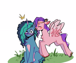 Size: 3321x2738 | Tagged: safe, artist:oznor, imported from derpibooru, pipp petals, pegasus, pony, unicorn, blushing, duo, duo female, female, flower, flower in hair, g5, horn, lesbian, mare, misty brightdawn, mistypetals, shipping, simple background, white background