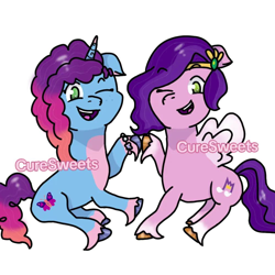 Size: 1080x1080 | Tagged: safe, artist:curesweeties, imported from derpibooru, pipp petals, pegasus, pony, unicorn, cute, duo, duo female, female, g5, hoofbump, horn, lesbian, looking at you, mare, misty brightdawn, mistypetals, obtrusive watermark, one eye closed, rebirth misty, shipping, simple background, watermark, white background
