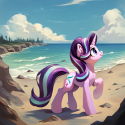 Size: 2048x2048 | Tagged: safe, imported from derpibooru, starlight glimmer, pony, unicorn, ai content, ai generated, beach, cloud, day, ear fluff, full body, generator:pony diffusion v6 xl, generator:stable diffusion, horn, looking away, prompter:liladash, solo, standing, water