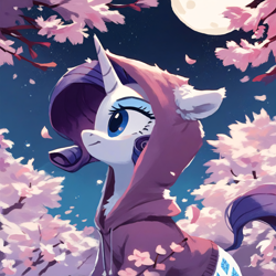 Size: 2048x2048 | Tagged: safe, imported from derpibooru, rarity, pony, unicorn, ai content, ai generated, cherry blossoms, clothes, ear fluff, flower, flower blossom, generator:pony diffusion v6 xl, generator:stable diffusion, hoodie, horn, looking away, moon, night, prompter:liladash, solo