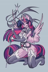 Size: 2074x3071 | Tagged: safe, artist:dodsie, imported from derpibooru, twilight sparkle, alicorn, anthro, armor, breasts, cleavage, female, kneeling, simple background, solo, staff, twilight sparkle (alicorn), unconvincing armor