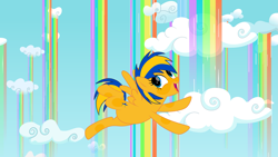 Size: 3951x2222 | Tagged: safe, artist:ncolque, imported from derpibooru, oc, oc only, oc:flare spark, pegasus, rainbow falls, cloud, female, flying, happy, rainbow waterfall, solo