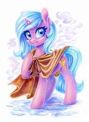 Size: 872x1200 | Tagged: safe, artist:maytee, idw, imported from derpibooru, radiant hope, crystal pony, pony, unicorn, spoiler:comic, cloak, clothes, colored pencil drawing, female, horn, mare, solo, traditional art