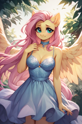 Size: 768x1152 | Tagged: safe, imported from derpibooru, fluttershy, anthro, pegasus, ai content, ai generated, breasts, busty fluttershy, choker, cleavage, clothes, dress, female, mare, prompter:saberclaw1x, smiling, solo, spread wings, wings