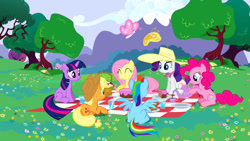 Size: 1192x670 | Tagged: safe, artist:mm15766, imported from derpibooru, screencap, applejack, fluttershy, pinkie pie, rainbow dash, rarity, twilight sparkle, butterfly, earth pony, pegasus, pony, unicorn, a canterlot wedding, ^^, alternate universe, eyes closed, female, hat, horn, mane six, mare, picnic, picnic blanket, plate, teapot, tree, unicorn twilight