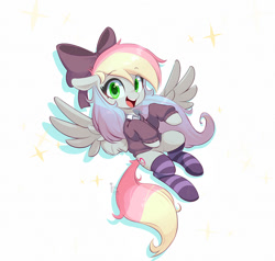 Size: 1200x1143 | Tagged: safe, artist:inkypuso, imported from derpibooru, oc, oc only, oc:blazey sketch, pegasus, pony, bow, clothes, commission, female, hair bow, looking at you, mare, multicolored hair, open mouth, open smile, rainbow hair, simple background, smiling, smiling at you, socks, solo, sparkles, striped socks, sweater, white background, ych result