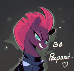 Size: 1051x1000 | Tagged: safe, artist:inkypuso, imported from derpibooru, tempest shadow, pony, unicorn, be prepared, broken horn, female, furrowed brow, gray background, grin, horn, looking at you, mare, simple background, smiling, smiling at you, solo