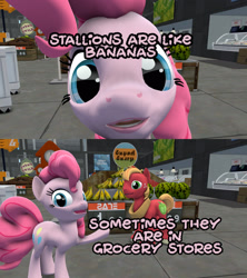 Size: 1920x2160 | Tagged: safe, artist:wissle, imported from derpibooru, big macintosh, pinkie pie, earth pony, pony, 2 panel comic, 3d, atg 2024, caption, comic, duo, duo male and female, female, grocery store, male, mare, newbie artist training grounds, source filmmaker, stallion, supermarket, text, wisdom