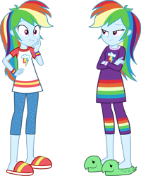 Size: 3195x4000 | Tagged: safe, artist:octosquish7260, imported from derpibooru, rainbow dash, human, equestria girls, clothes, double rainbow, duo, duo female, equestria girls-ified, female, humanized, looking at each other, looking at someone, nightgown, pajamas, pants, self paradox, shirt, simple background, slippers, t-shirt, teenager, transparent background, wristband