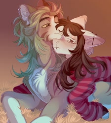 Size: 1947x2160 | Tagged: safe, artist:xiningtoxin, imported from derpibooru, oc, oc only, pony, chest fluff, duo, ear fluff, gradient background, hug, hug from behind, lying down, pair