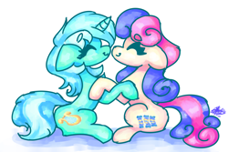 Size: 3600x2400 | Tagged: safe, artist:mannybcadavera, imported from derpibooru, bon bon, lyra heartstrings, sweetie drops, earth pony, pony, unicorn, duo, duo female, eyes closed, female, happy, high res, horn, lesbian, lyrabon, nose to nose, shipping, simple background, sitting, smiling, white background