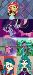 Size: 1920x4320 | Tagged: safe, edit, edited screencap, imported from derpibooru, screencap, gaea everfree, gloriosa daisy, sci-twi, sunset shimmer, twilight sparkle, equestria girls, duality, juniper monstar, midnight sparkle, self paradox, sunset satan