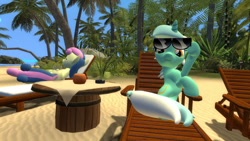 Size: 1080x608 | Tagged: safe, artist:ports2005, imported from derpibooru, bon bon, clear sky, lyra heartstrings, sweetie drops, pony, 3d, beach, beach chair, chair, duo, duo female, female, gmod, happy, lesbian, looking at you, lyrabon, palm tree, relaxing, shipping, sleeping, summer, sunglasses, sunshine, tree