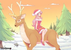 Size: 1600x1131 | Tagged: safe, artist:rosalhymn, imported from derpibooru, fluttershy, deer, human, blushing, christmas, cute, female, forest, hat, holiday, humanized, looking at you, nature, riding, santa dress, santa hat, shyabetes, sitting, smiling, smiling at you, snow, solo, sunset, tree