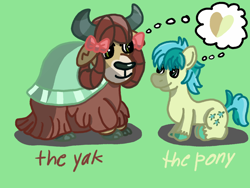 Size: 1600x1200 | Tagged: safe, artist:mintwhistle, imported from derpibooru, sandbar, yona, earth pony, pony, yak, atg 2024, bow, cloven hooves, colored hooves, duo, duo male and female, female, green background, hair bow, heart, looking at each other, looking at someone, love, male, medibang paint, monkey swings, newbie artist training grounds, shipping, simple background, smiling, smiling at each other, straight, teenager, thought bubble, unshorn fetlocks, yonabar