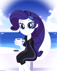 Size: 1506x1876 | Tagged: safe, artist:stephen-fisher, imported from derpibooru, rarity, human, equestria girls, beach, chair, clothes, coffee mug, female, looking at you, mug, one-piece swimsuit, sitting, solo, swimsuit, table