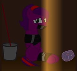 Size: 994x918 | Tagged: safe, artist:cardshark777, imported from derpibooru, oc, oc only, oc:crystal (sch01), pegasus, pony, bondage, bucket, closet, gag, kidnapped, looking at you, magic, mop, scared, solo, tape, tape bondage, tape gag