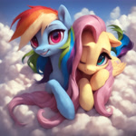 Size: 2880x2880 | Tagged: safe, editor:derp621, imported from derpibooru, fluttershy, rainbow dash, ai content, ai generated, cloud, duo, duo female, female, generator:pony diffusion v6 xl, generator:stable diffusion, long hair, looking at you, on a cloud, prompter:derp621, sitting, sitting on a cloud, sky