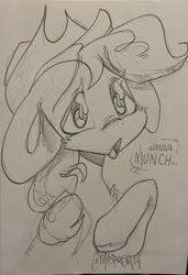 Size: 1402x2048 | Tagged: safe, artist:midnightpremiere, imported from derpibooru, applejack, earth pony, pony, bust, female, grayscale, mare, monochrome, pencil drawing, signature, solo, traditional art