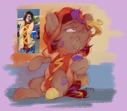 Size: 4096x3590 | Tagged: safe, artist:midnightpremiere, imported from derpibooru, oc, oc only, oc:hors, human, pegasus, pony, art vs artist, clothes, costume, drink, drinking, hoof hold, hot dog costume, ponysona, sitting, solo