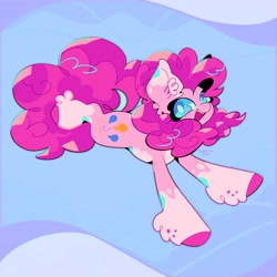 Size: 2048x2048 | Tagged: safe, artist:foxelity, imported from derpibooru, pinkie pie, earth pony, pony, coat markings, colored hooves, ear fluff, female, full body, high res, hoof fluff, leaping, looking at you, mare, open mouth, open smile, pale belly, signature, smiling, smiling at you, socks (coat markings), solo