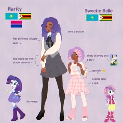 Size: 2048x2048 | Tagged: safe, artist:cryweas, imported from derpibooru, opalescence, rarity, sweetie belle, cat, human, pony, sheep, unicorn, equestria girls, alternate hairstyle, asian, backpack, bag, belt, bisexual pride flag, blasian, boots, bracelet, clothes, converse, dark skin, duo, duo female, ear piercing, earring, eyeshadow, female, filly, foal, headcanon, horn, humanized, jewelry, kazakhstan, keychain, leg warmers, lipstick, makeup, nail polish, necklace, piercing, pride, pride flag, purple background, reference sheet, ring, school uniform, shirt, shoes, simple background, skirt, socks, stockings, t-shirt, thigh highs, vest