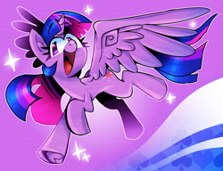 Size: 1336x1024 | Tagged: safe, artist:thegreatrouge, imported from derpibooru, twilight sparkle, alicorn, pony, abstract background, female, flying, frog (hoof), gradient background, mare, open mouth, purple background, simple background, solo, spread wings, stars, twilight sparkle (alicorn), underhoof, wings