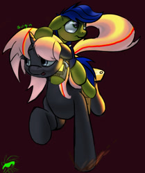 Size: 618x739 | Tagged: safe, artist:quicksilver1987, artist:suigin migasuto, imported from derpibooru, oc, oc only, oc:scotch tape, oc:velvet remedy, earth pony, pony, unicorn, fallout equestria, fallout equestria: project horizons, bag, clothes, earth pony oc, fanfic art, glowing, horn, jumpsuit, medical saddlebag, pipbuck, purple background, riding, riding a pony, running, saddle bag, signature, simple background, sunglasses, unicorn oc, vault suit