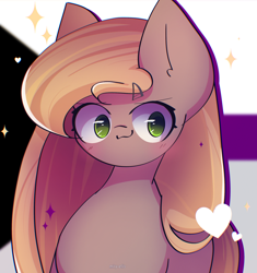 Size: 2400x2550 | Tagged: safe, artist:miryelis, imported from derpibooru, oc, oc only, oc:shenn brale, earth pony, pony, blushing, demisexual pride flag, female, green eyes, heart, long hair, mare, pride, pride flag, smiling, solo