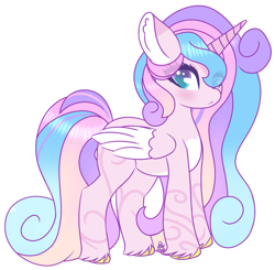 Size: 1476x1444 | Tagged: safe, artist:pasteldraws, imported from derpibooru, oc, oc only, oc:amora love, alicorn, pony, blushing, colorful, commission, fading, horn, multicolored hair, simple background, solo, sparkles, swirls, transparent background, two toned eyes, wings