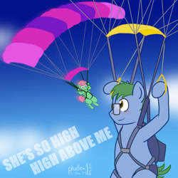 Size: 1024x1024 | Tagged: safe, artist:phallen1, imported from derpibooru, oc, oc only, oc:software patch, oc:windcatcher, earth pony, pegasus, atg 2024, blushing, earth pony oc, newbie artist training grounds, parachute, pegasus oc, simple background, skydiving, song reference, tal bachman, wings