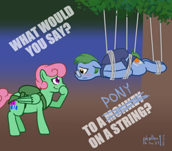 Size: 1024x903 | Tagged: safe, artist:phallen1, imported from derpibooru, oc, oc only, oc:software patch, oc:windcatcher, earth pony, pegasus, atg 2024, blushing, dave matthews band, duo, earth pony oc, newbie artist training grounds, parachute, pegasus oc, simple background, song reference, tangled up, tree, wings