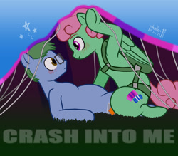 Size: 1024x898 | Tagged: safe, artist:phallen1, imported from derpibooru, oc, oc only, oc:software patch, oc:windcatcher, earth pony, pegasus, atg 2024, blushing, covered, dave matthews band, duo, earth pony oc, eye to eye, face to face, first meeting, implied accident, newbie artist training grounds, parachute, pegasus oc, shipping, simple background, sitting on lap, song reference, wings