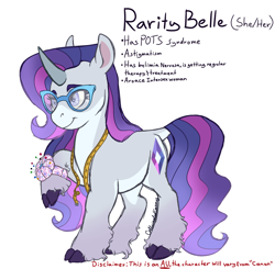 Size: 1584x1550 | Tagged: safe, artist:caffeinatedcarny, imported from derpibooru, rarity, pony, unicorn, alternate cutie mark, alternate universe, aromantic, asexual, bulimia, chubby, cloven hooves, coat markings, curved horn, disabled, eyeshadow, glasses, gradient legs, gradient mane, headcanon, horn, intersex, leonine tail, lgbt, lgbt headcanon, lgbtq, makeup, measuring tape, pincushion, pots syndrome, redesign, simple background, solo, tail, unshorn fetlocks